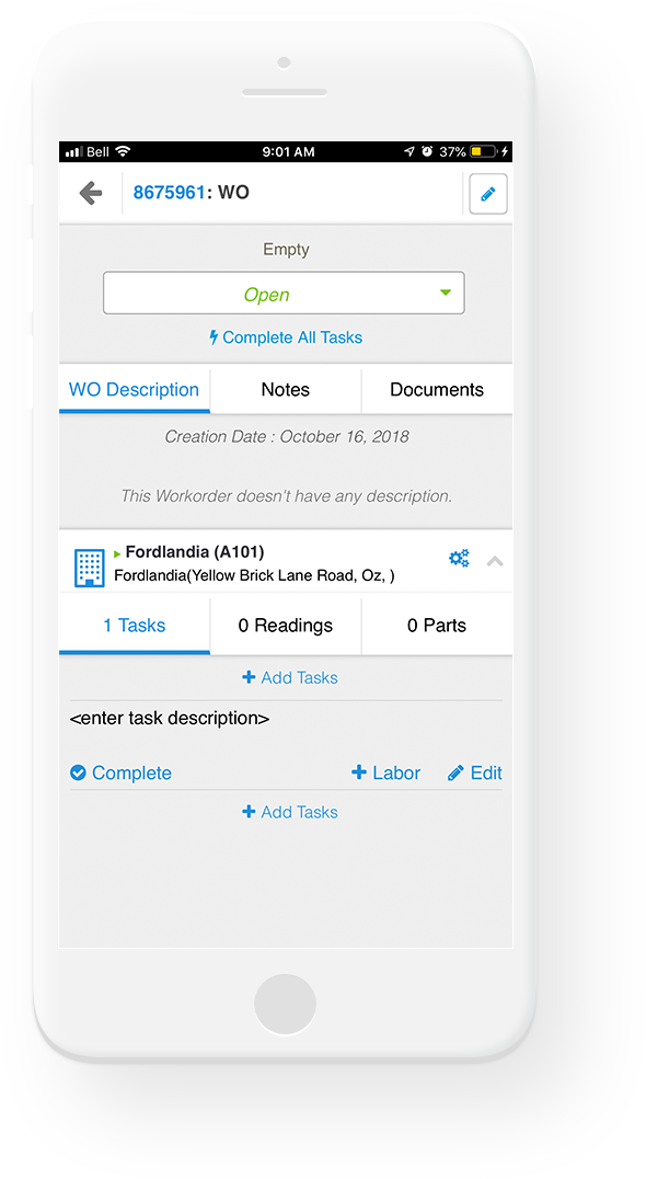 mobile phone with work order screen