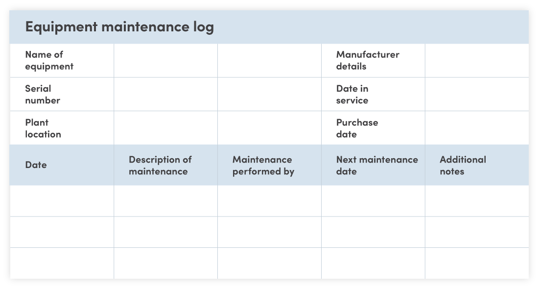 Equipment maintenance log template example