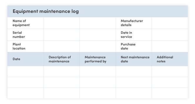 Equipment maintenance log template