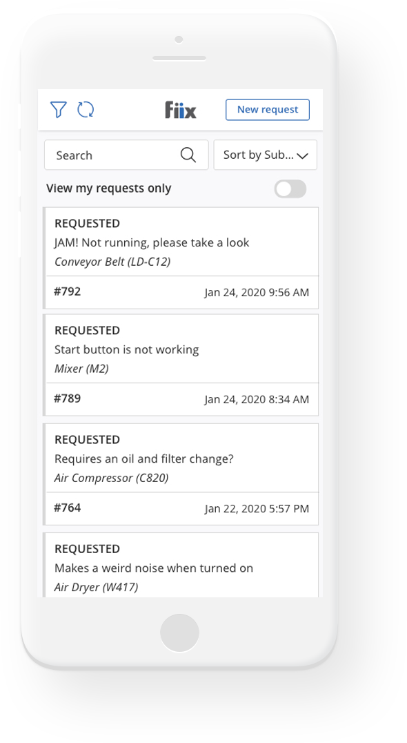 mobile phone with mobile requests list screen