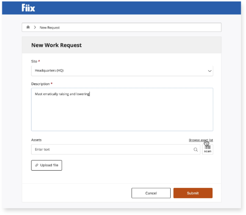 Fiix work order management desktop window: new work request form