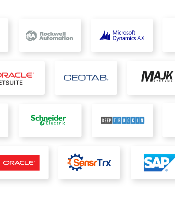 Fiix integrations with different systems: Rockwell Automation, Microsoft Dynamics AX, Oracle Netsuite, Geotab, Majik systems, Schneider Electric, Keep Truckin, Oracle, SensrTrx, Sap