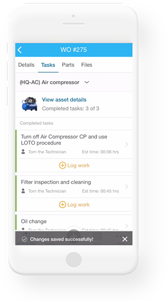 Fiix mobile view of the asset management software window: details, tasks, parts, and files
