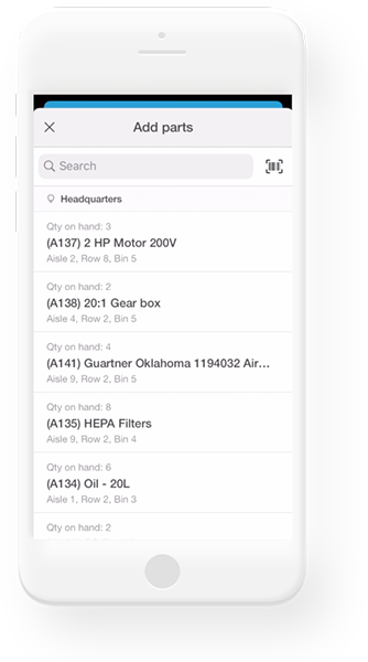 Fiix parts and supplies mobile window: add parts and view quantity on hand as well as the location